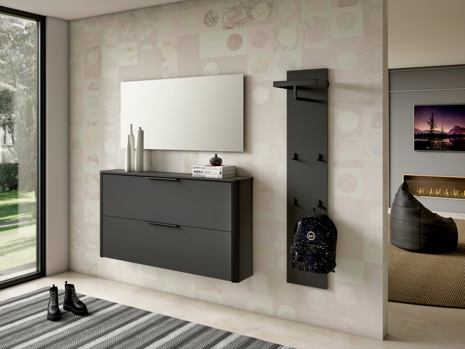Moderner Hängeschuhschrank in dunklem Design, frontal betrachtet, mit zwei Schubladen und dekorativen Elementen auf der Oberseite, neben einem passenden Wandpaneel mit Haken.