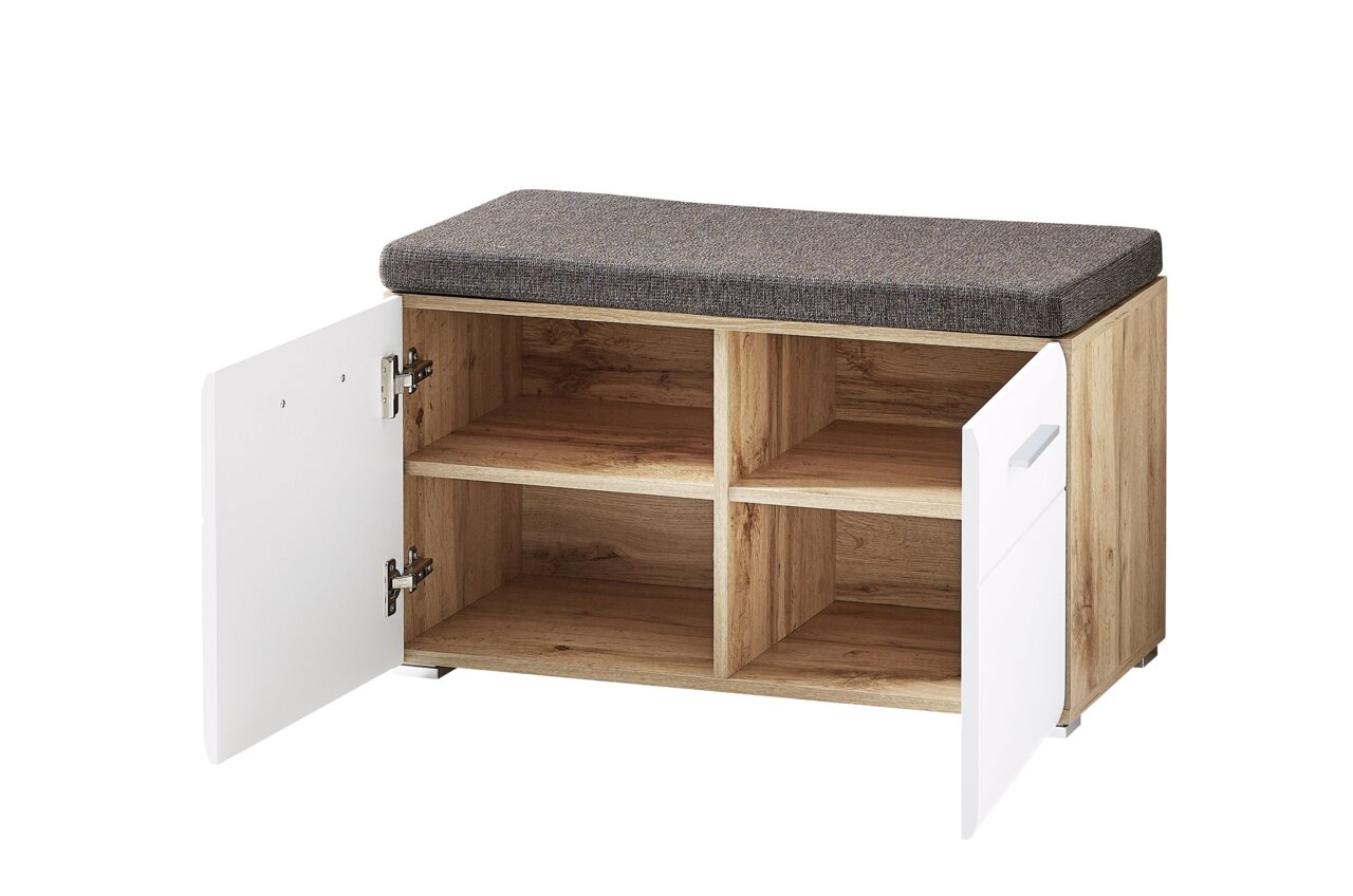 Holzbank mit grauem Sitzpolster, zwei offenen Türen und vier Fächern, Perspektive von vorne