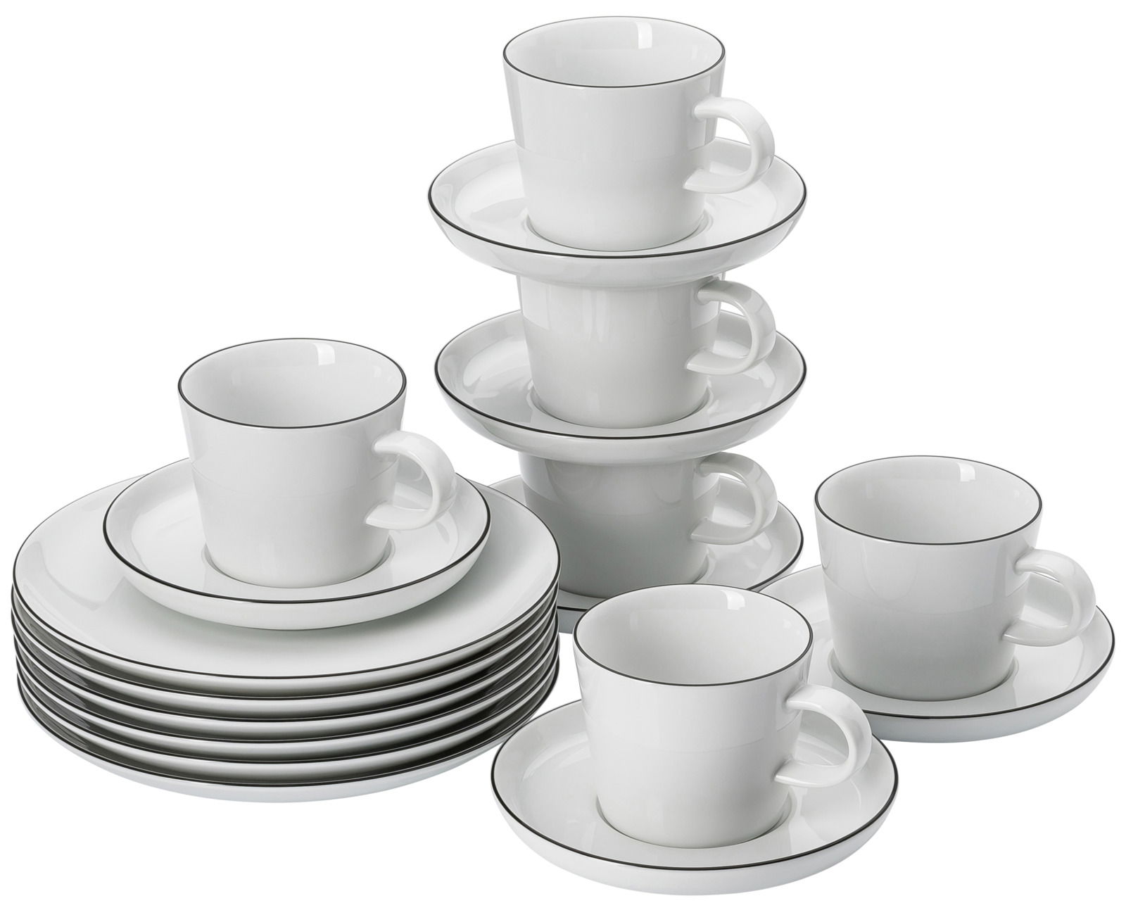 Thomas Kaffeeservice 18-tlg. CUCINA Kaffee-Set 18-teilig, bestehend aus weißen Tassen und Untertassen mit schwarzem Rand, seitliche Perspektive