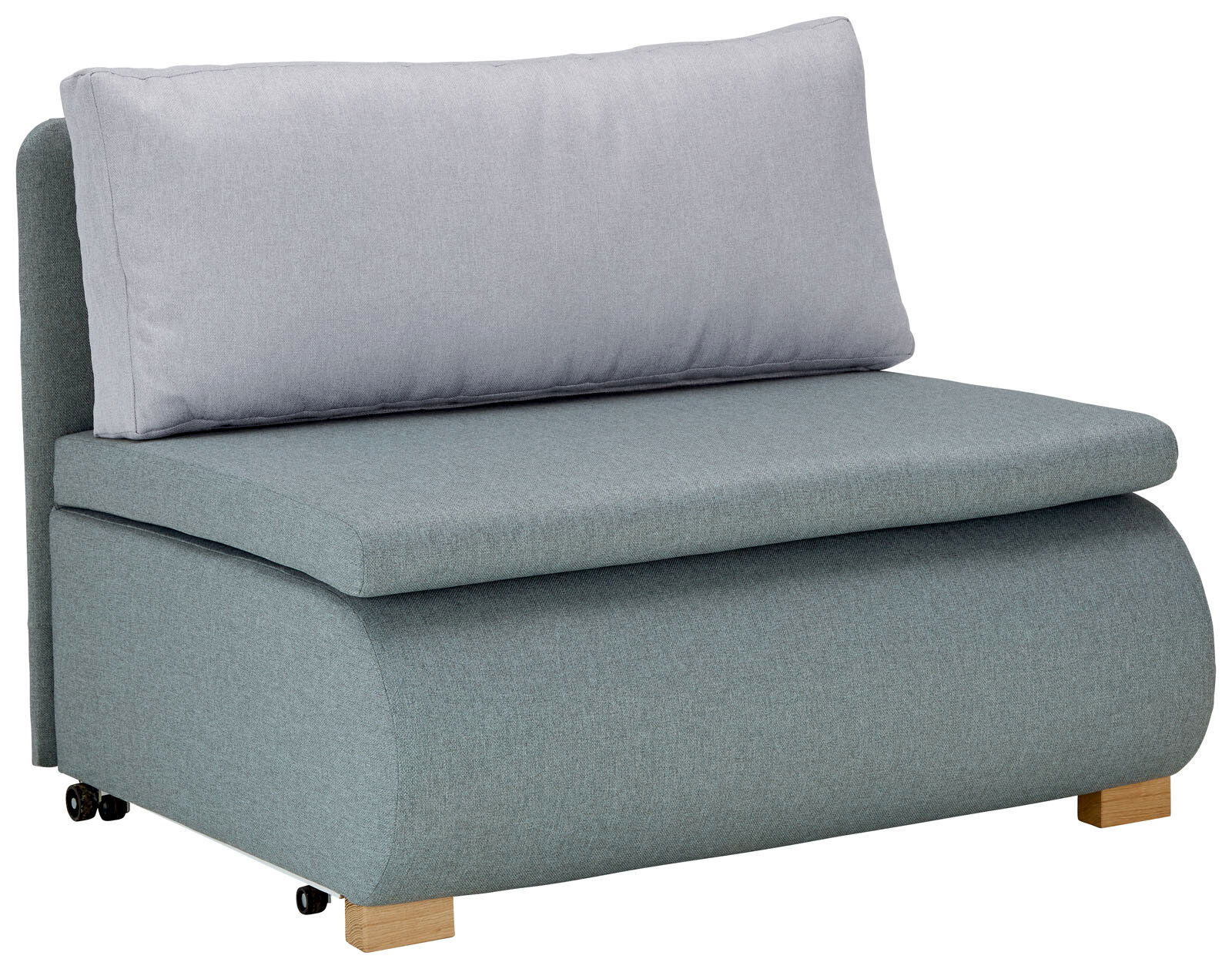 Moderner Funktionssessel in hellgrau und blaugrün, seitliche Perspektive