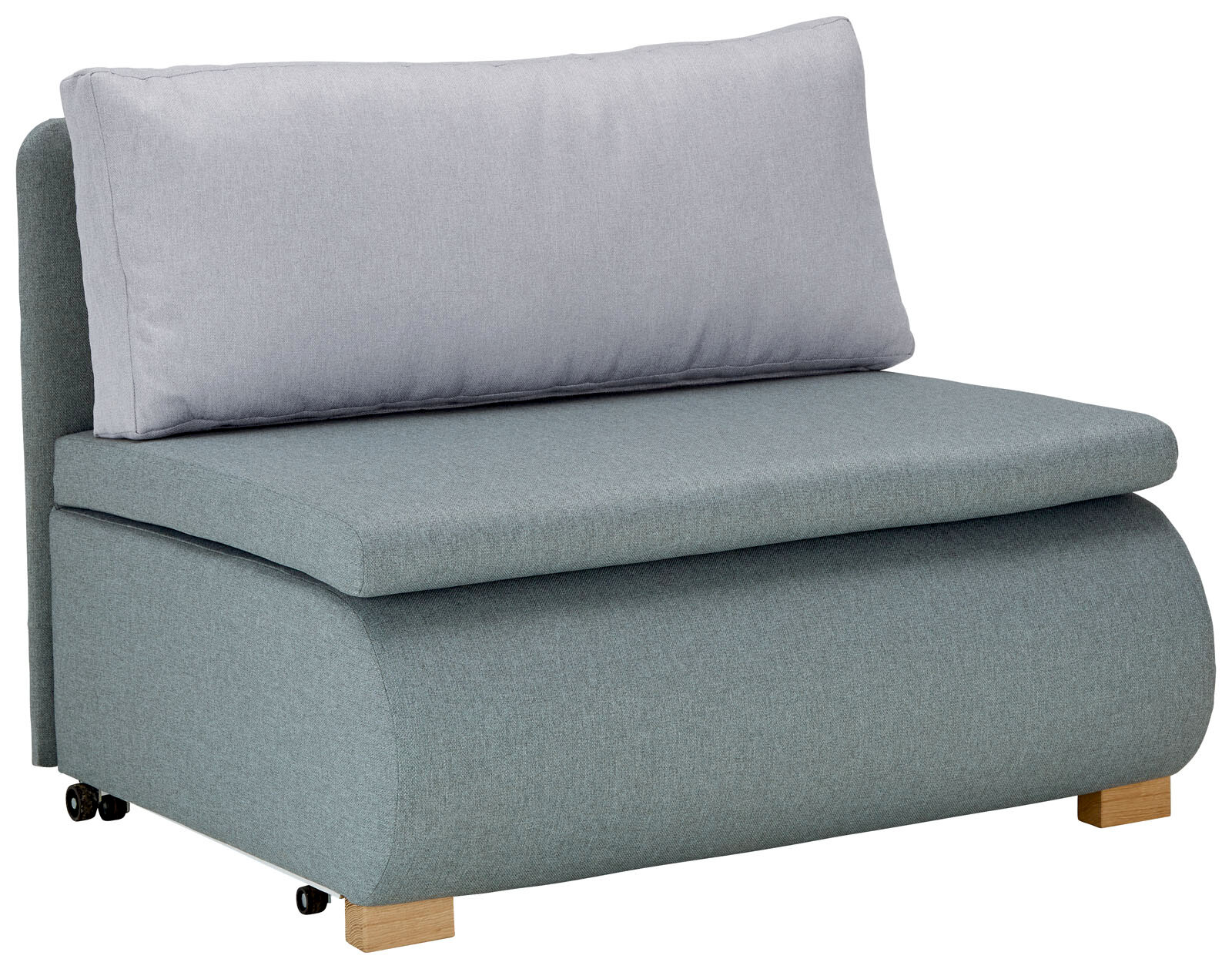 Moderner Funktionssessel in hellgrau und blaugrün, seitliche Perspektive