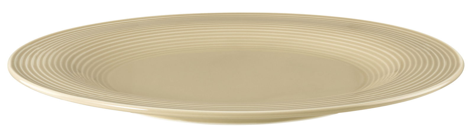 Speiseteller 27,5 cm in sandbeige mit feinen Rillen, seitliche Perspektive