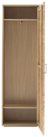 Offener Garderobenschrank aus Holz mit einer Tür, Kleiderstange und zwei Regalböden, Frontalansicht