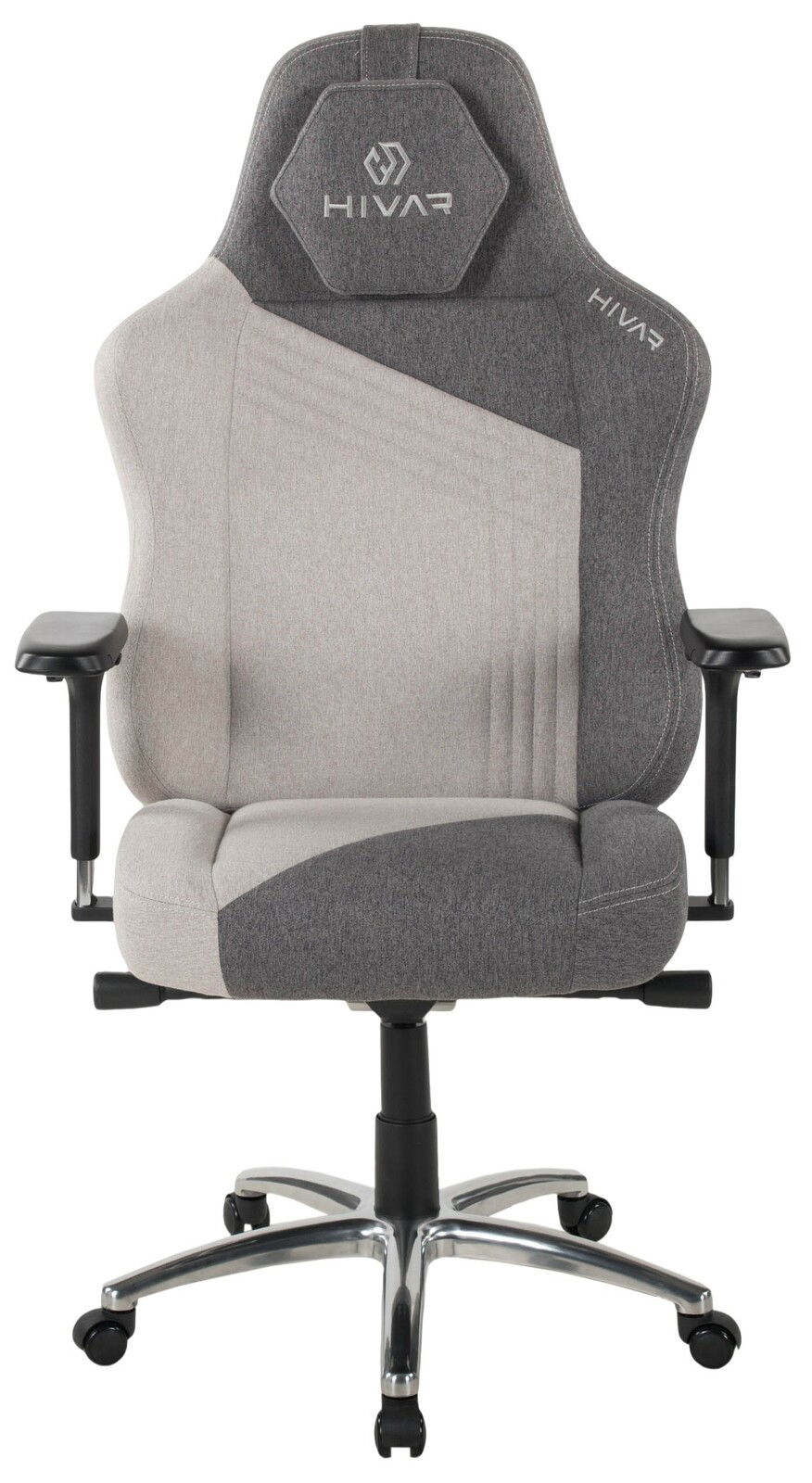 Grauer Gaming-Stuhl mit ergonomischem Design, von vorne gesehen, mit verstellbaren Armlehnen und stabiler Basis.