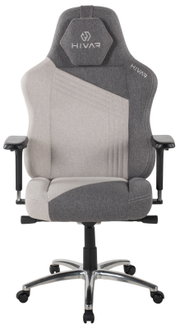 Grauer Gaming-Stuhl mit ergonomischem Design, von vorne gesehen, mit verstellbaren Armlehnen und stabiler Basis.
