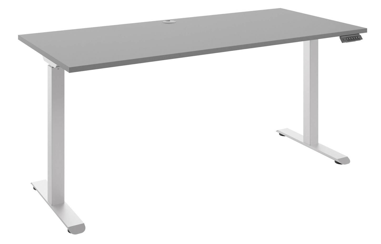 Moderner E-Schreibtisch 160 mit grauer Tischplatte und weißem Gestell, seitliche Perspektive
