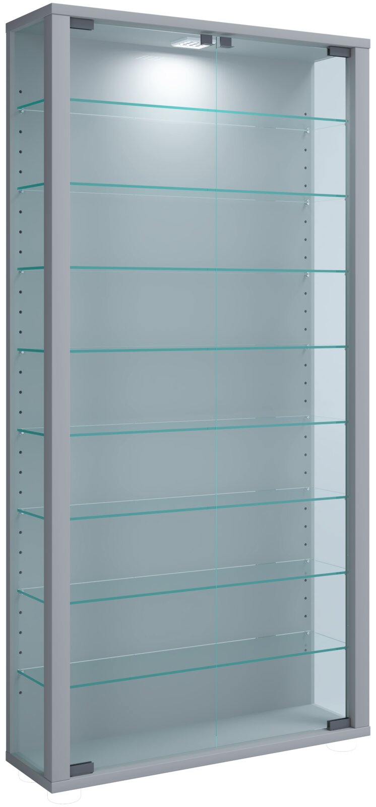 Hoher Glasvitrinenschrank mit silbernem Rahmen, LED-Beleuchtung oben und mehreren verstellbaren Glasböden, in schräger Frontansicht von links