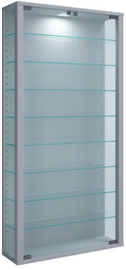 Hoher Glasvitrinenschrank mit silbernem Rahmen, LED-Beleuchtung oben und mehreren verstellbaren Glasböden, in schräger Frontansicht von links
