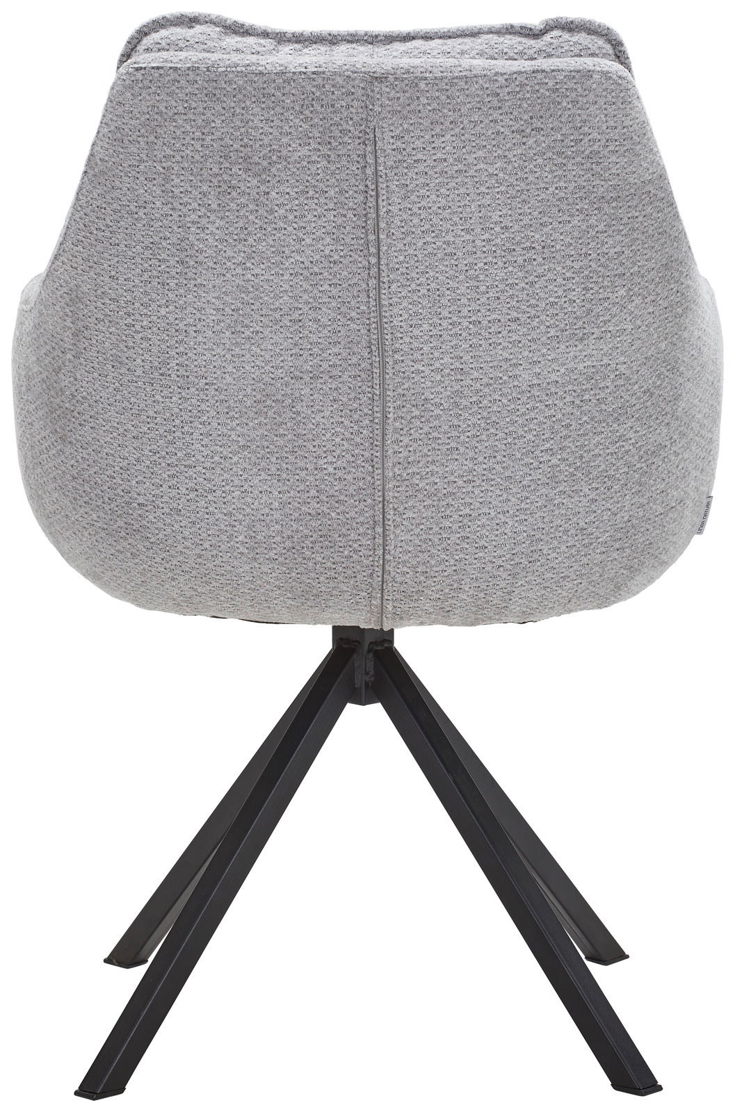 Rückansicht eines grauen Armlehnstuhls mit schwarzem Metallgestell