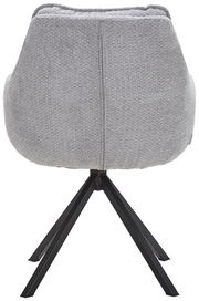 Rückansicht eines grauen Armlehnstuhls mit schwarzem Metallgestell