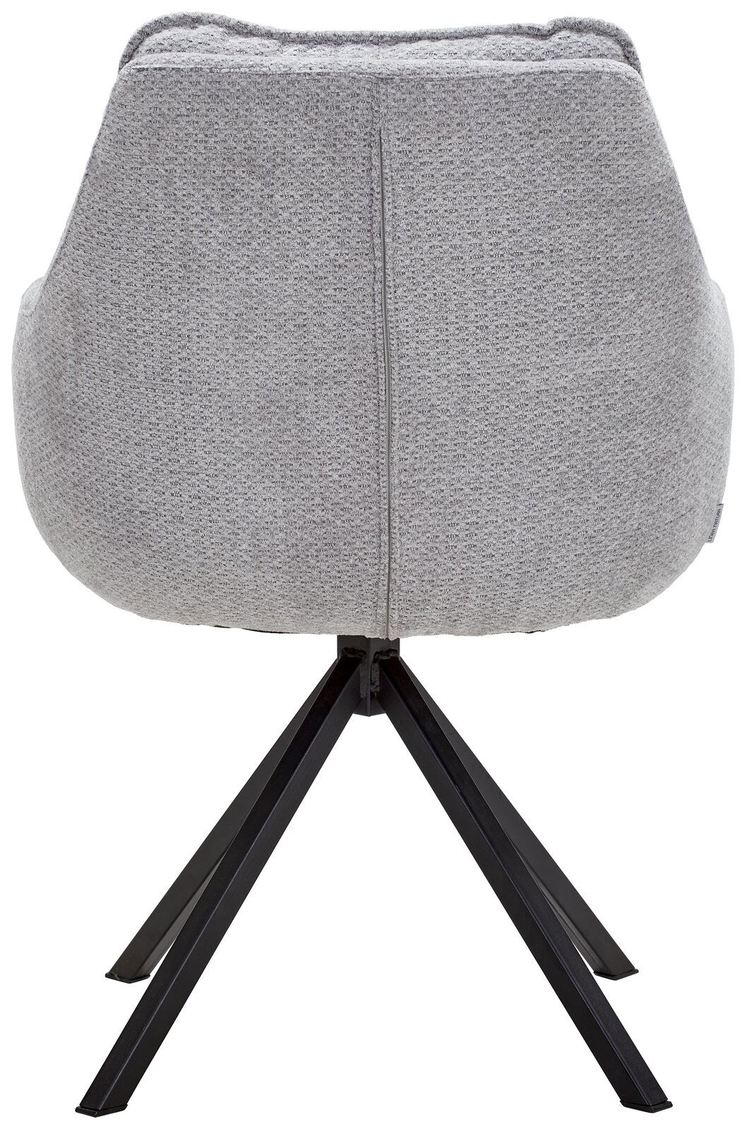 Rückansicht eines grauen Armlehnstuhls mit schwarzem Metallgestell