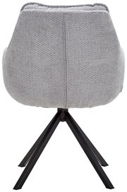 Rückansicht eines grauen Armlehnstuhls mit schwarzem Metallgestell