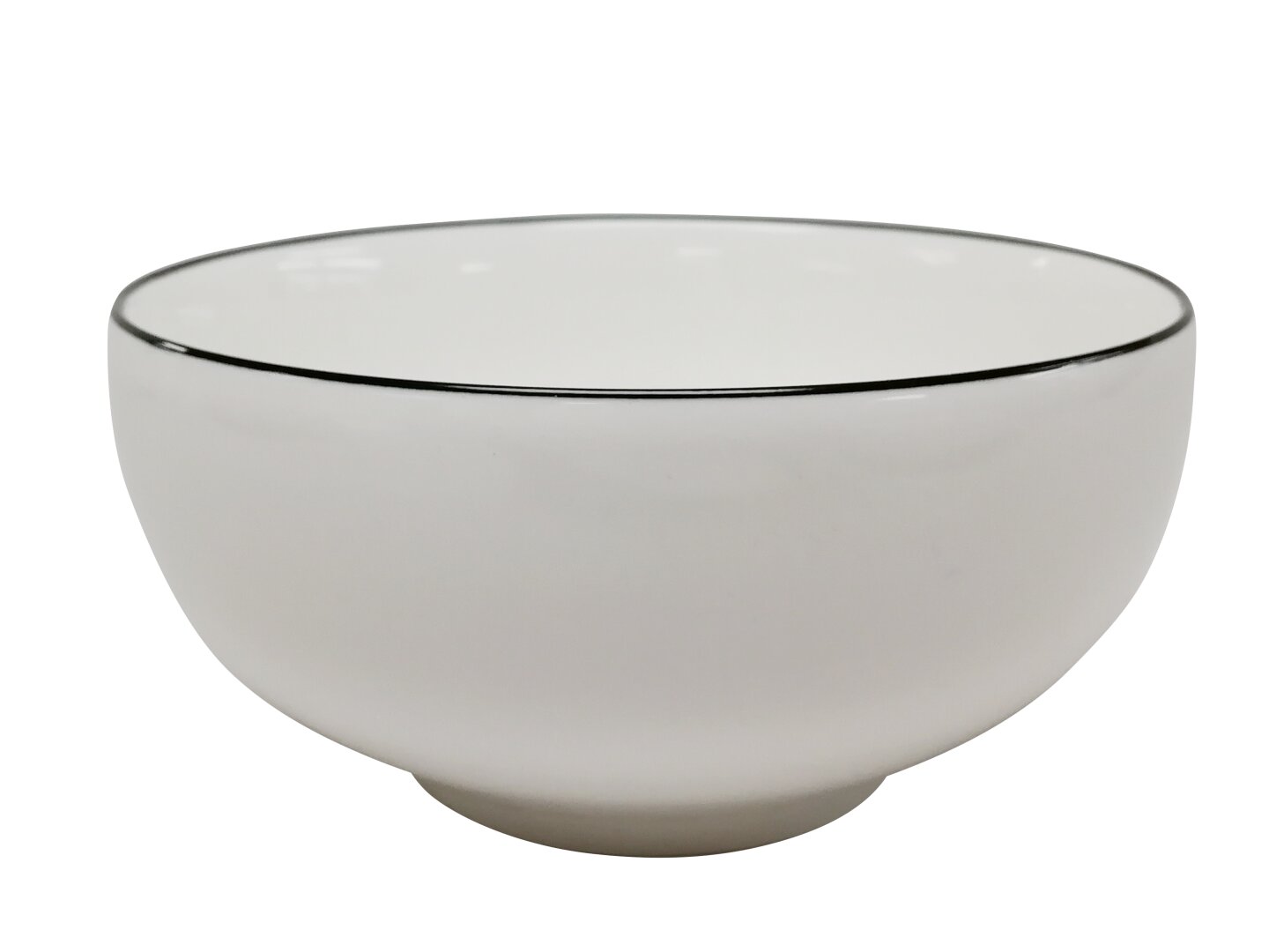 Weiße Müslischale mit schwarzem Rand, seitliche Perspektive