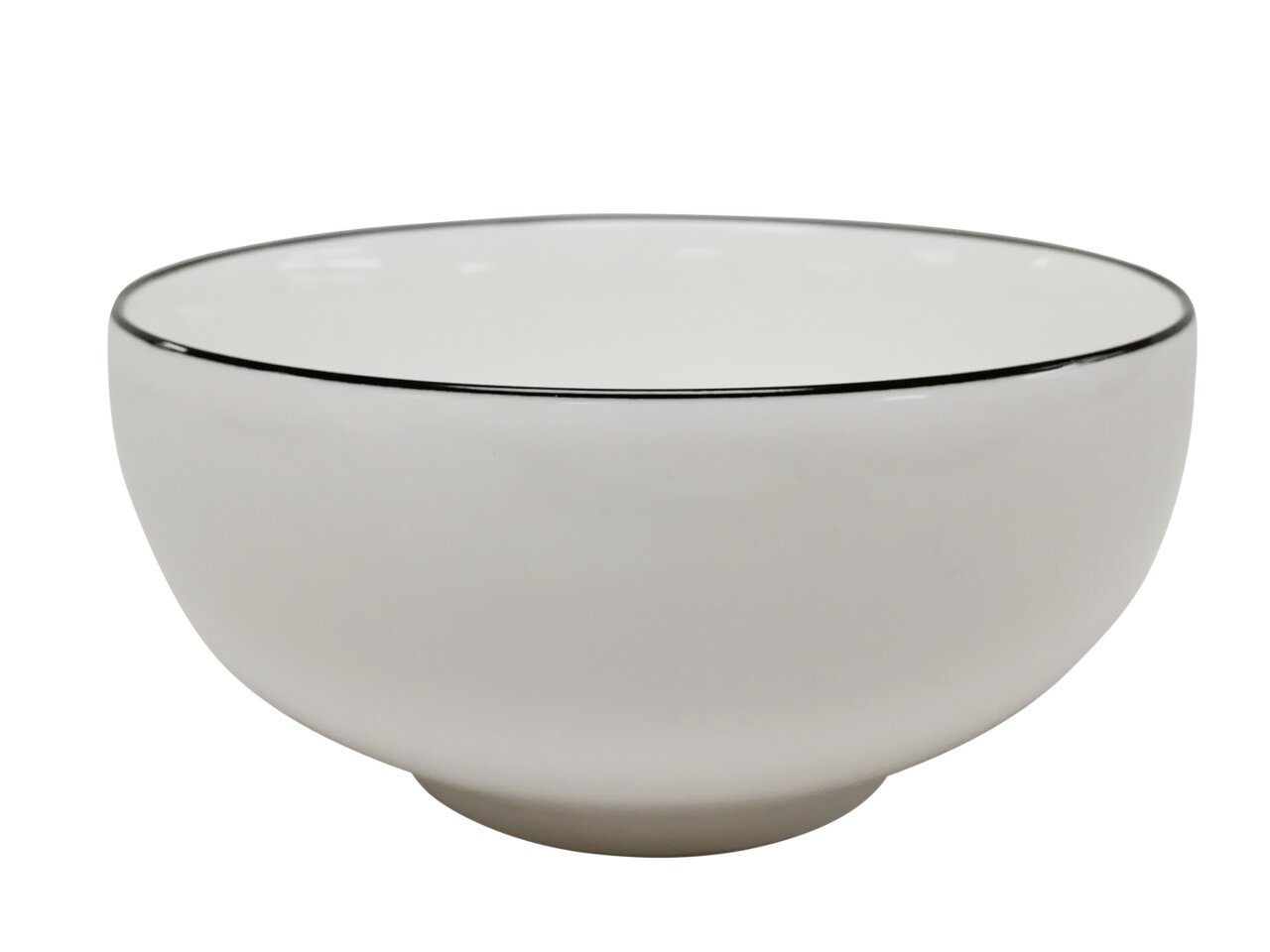 Weiße Müslischale mit schwarzem Rand, seitliche Perspektive