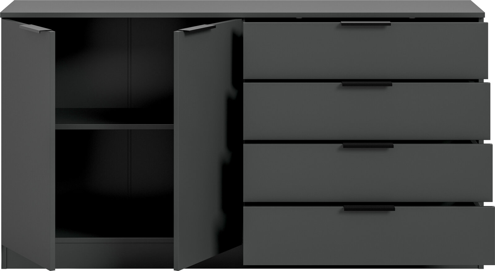 Anthrazitfarbene Kommode mit zwei geöffneten Schranktüren links und vier Schubladen rechts, Frontansicht leicht von oben