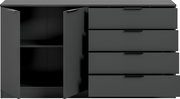 Anthrazitfarbene Kommode mit zwei geöffneten Schranktüren links und vier Schubladen rechts, Frontansicht leicht von oben