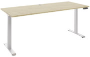 Moderner höhenverstellbarer E-Schreibtisch mit heller Holzoberfläche und weißen Metallbeinen, seitliche Perspektive