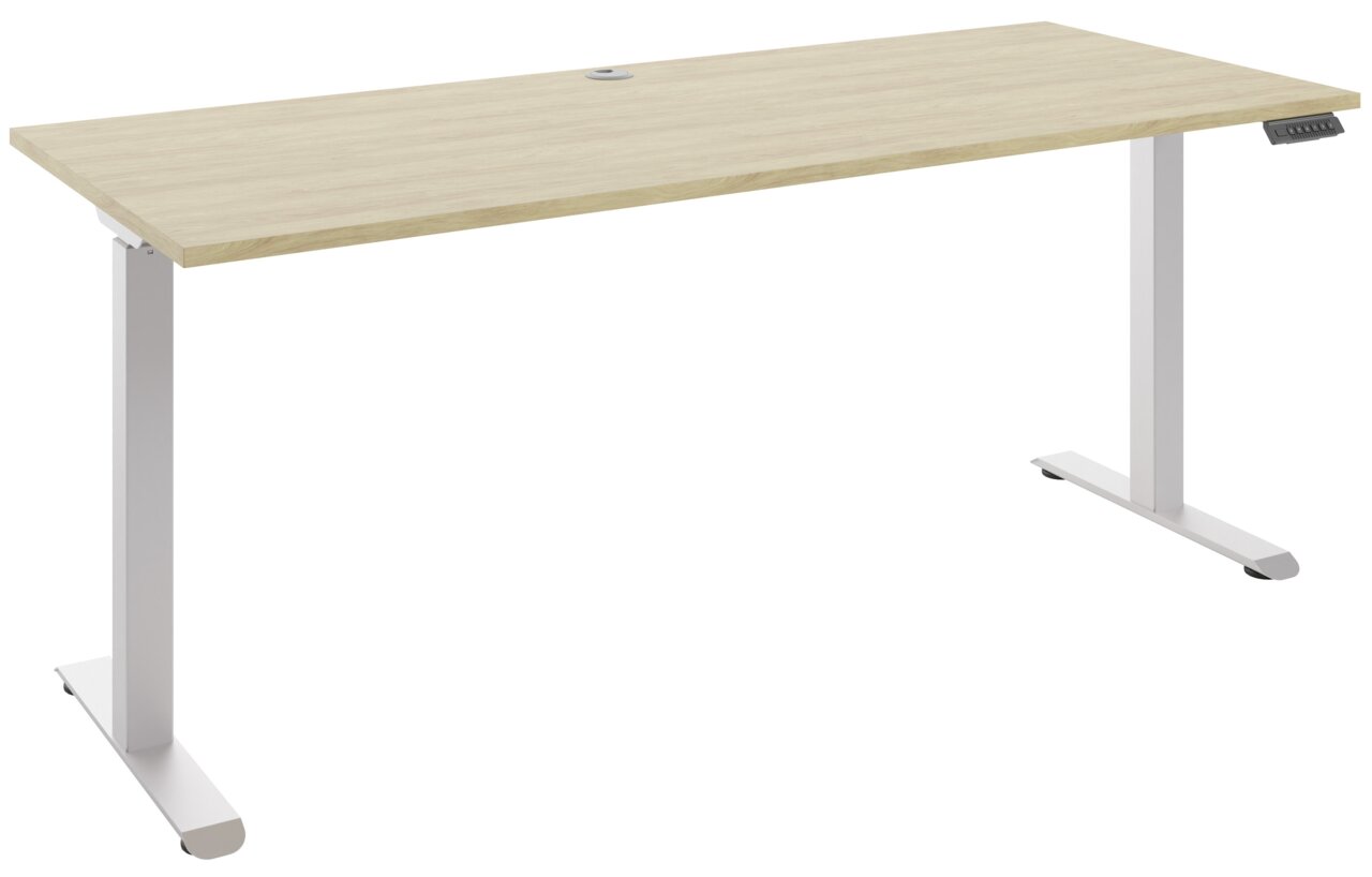 Moderner höhenverstellbarer E-Schreibtisch mit heller Holzoberfläche und weißen Metallbeinen, seitliche Perspektive
