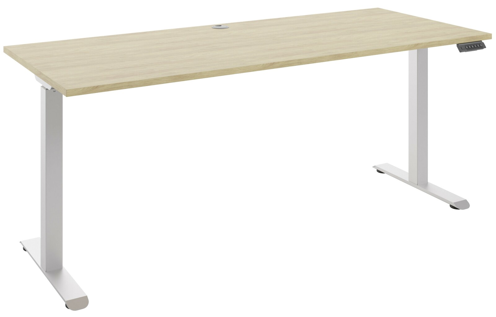 Moderner höhenverstellbarer E-Schreibtisch mit heller Holzoberfläche und weißen Metallbeinen, seitliche Perspektive