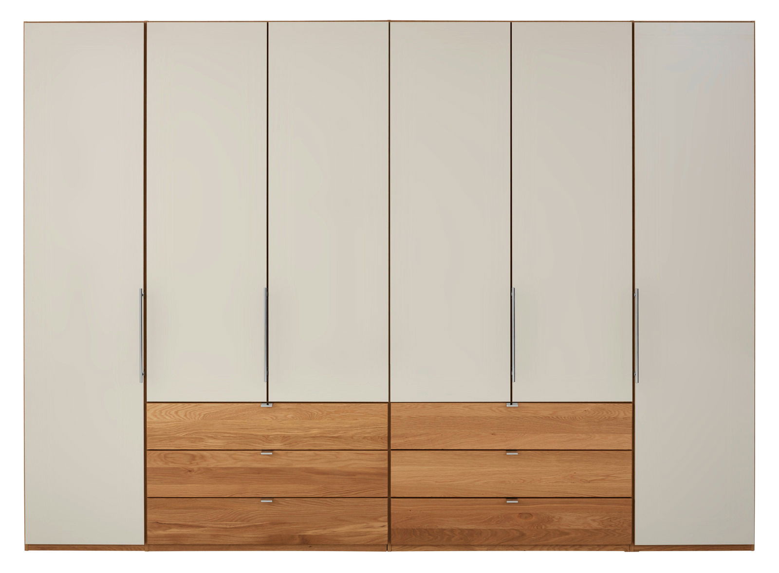 Frontale Ansicht eines modernen Gleittürenschranks mit Holz- und weißen Elementen, ausgestattet mit mehreren Schubladen.