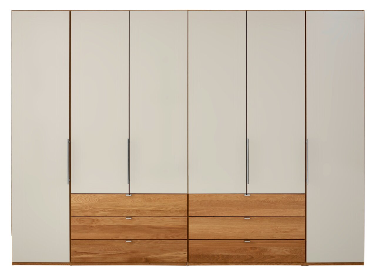 Frontale Ansicht eines modernen Gleittürenschranks mit Holz- und weißen Elementen, ausgestattet mit mehreren Schubladen.