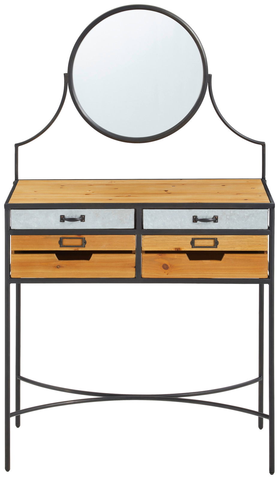 Landscape Schminktisch EMMA Schminktisch mit rundem Spiegel, zwei oberen Schubladen in Metalloptik und zwei unteren Schubladen aus Holz, frontal betrachtet.