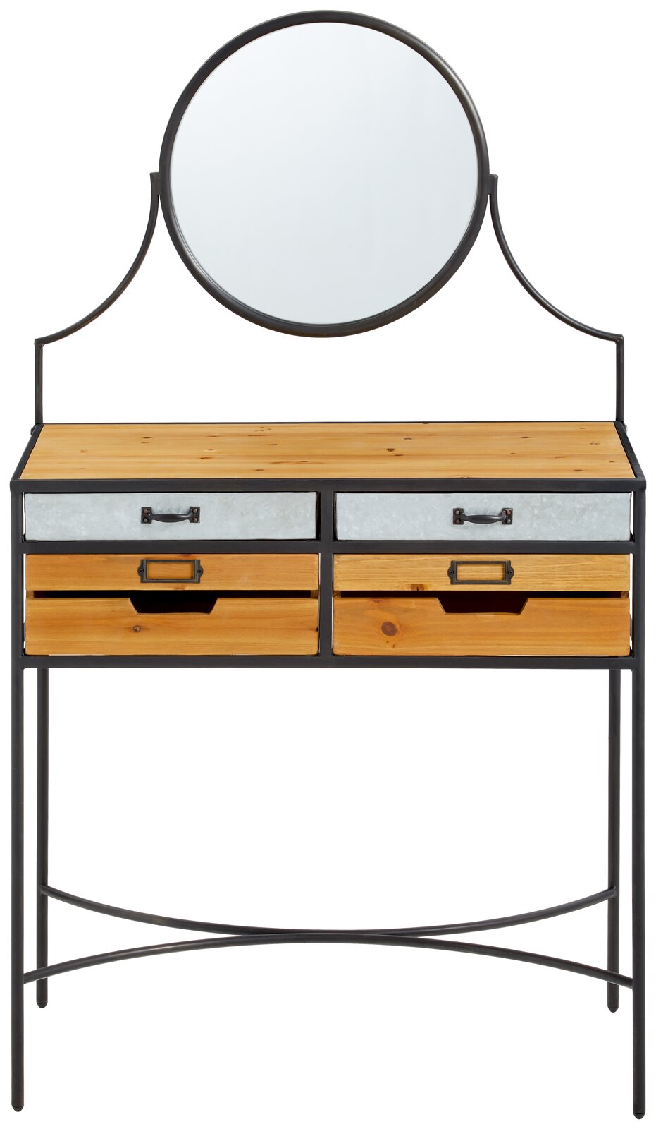 Schminktisch mit rundem Spiegel, zwei oberen Schubladen in Metalloptik und zwei unteren Schubladen aus Holz, frontal betrachtet.