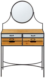 Schminktisch mit rundem Spiegel, zwei oberen Schubladen in Metalloptik und zwei unteren Schubladen aus Holz, frontal betrachtet.