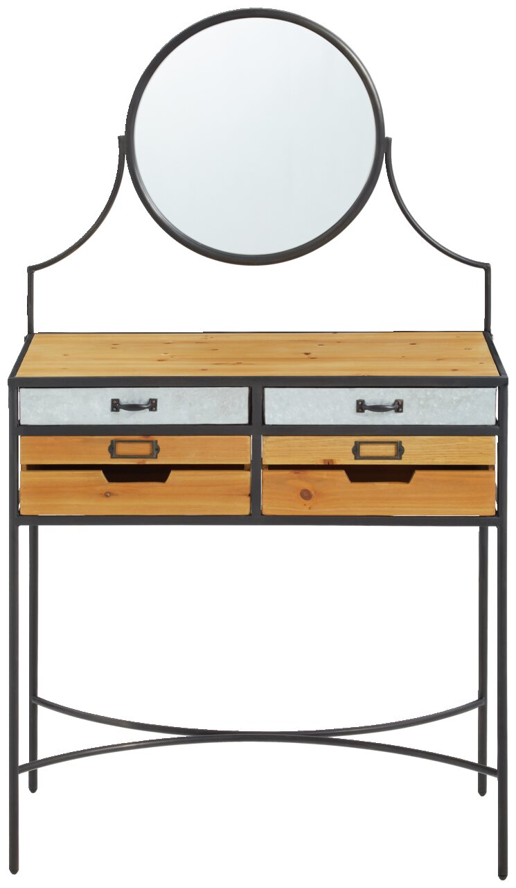 Landscape Schminktisch EMMA Schminktisch mit rundem Spiegel, zwei oberen Schubladen in Metalloptik und zwei unteren Schubladen aus Holz, frontal betrachtet.