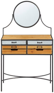 Schminktisch mit rundem Spiegel, zwei oberen Schubladen in Metalloptik und zwei unteren Schubladen aus Holz, frontal betrachtet.