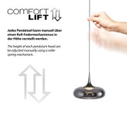Grafik zur Funktion „Comfort Lift“: Hand verstellt das Pendelseil einer modernen Hängeleuchte mit rauchgrauem Glasschirm und schwarzem Kabel, Frontansicht vor weißem Hintergrund.