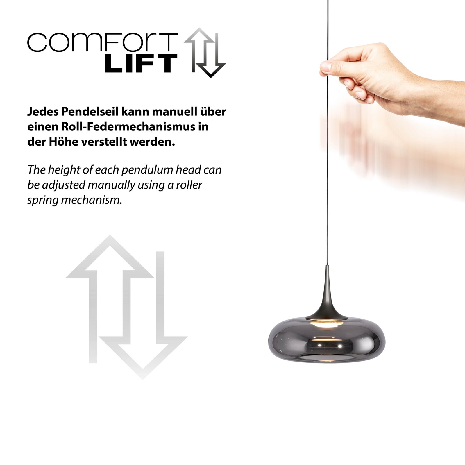 Grafik zur Funktion „Comfort Lift“: Hand verstellt das Pendelseil einer modernen Hängeleuchte mit rauchgrauem Glasschirm und schwarzem Kabel, Frontansicht vor weißem Hintergrund.