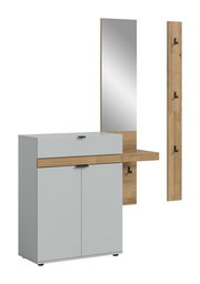 Moderne Garderobe mit weißem Schuhschrank, Holzablage und hohem Spiegel sowie separater Hakenleiste in Holzoptik, freigestellt in schräger Frontansicht