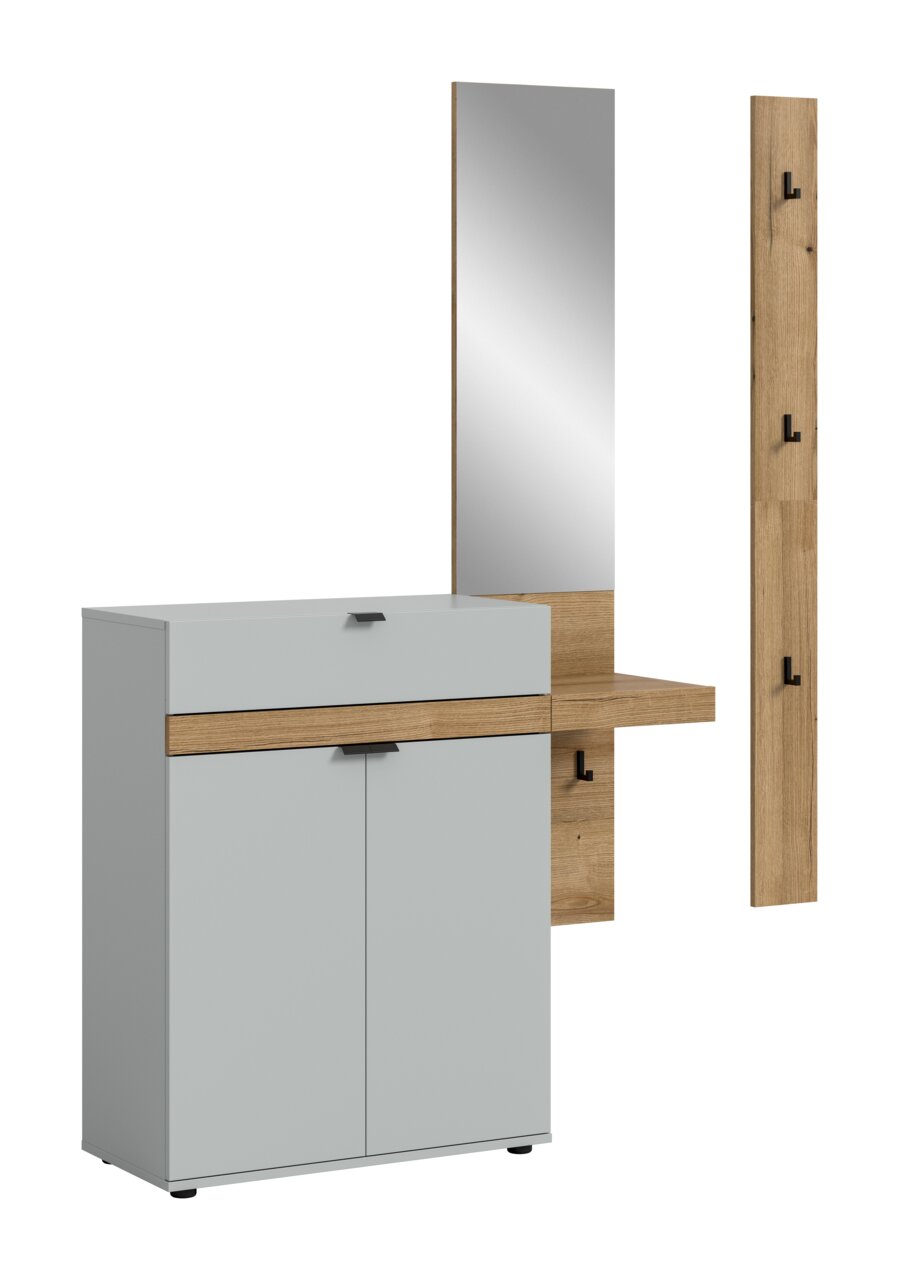 MID.YOU Garderobenkombination NARO Moderne Garderobe mit weißem Schuhschrank, Holzablage und hohem Spiegel sowie separater Hakenleiste in Holzoptik, freigestellt in schräger Frontansicht