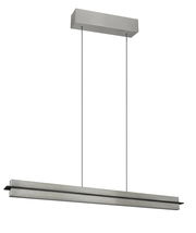 Moderne LED-Hängeleuchte in seitlicher Perspektive, mit rechteckigem, silbernem Gehäuse und zwei dünnen Aufhängungen.