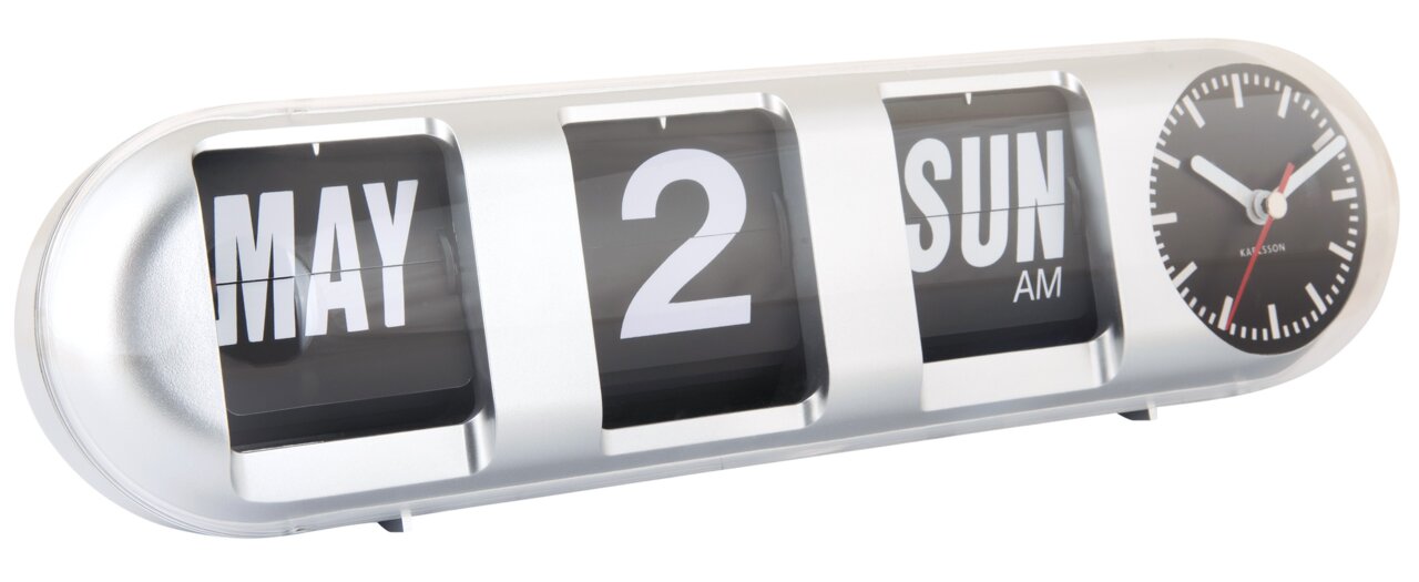 Silberne Tischuhr mit Datums- und Tagesanzeige, seitliche Perspektive