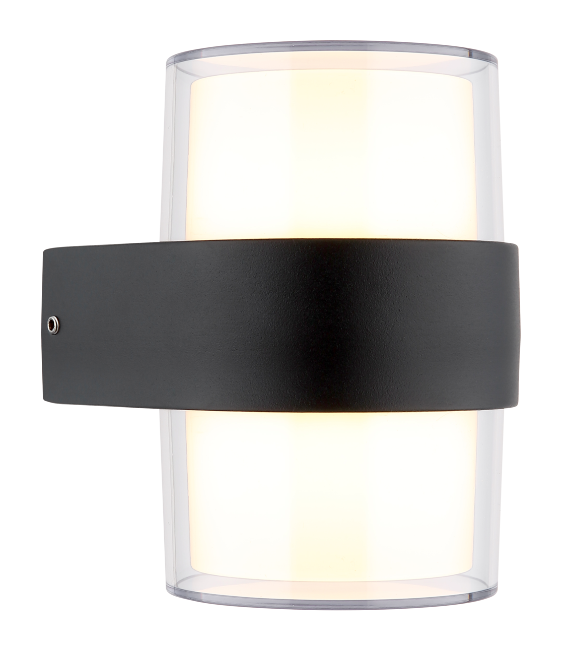 Moderne LED-Außenwandleuchte mit schwarzem Gehäuse und zylindrischem Design, seitliche Perspektive