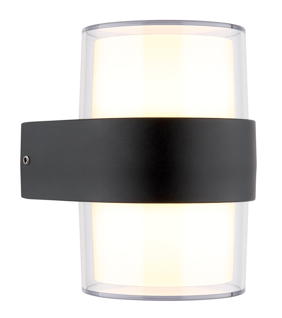 Moderne LED-Außenwandleuchte mit schwarzem Gehäuse und zylindrischem Design, seitliche Perspektive