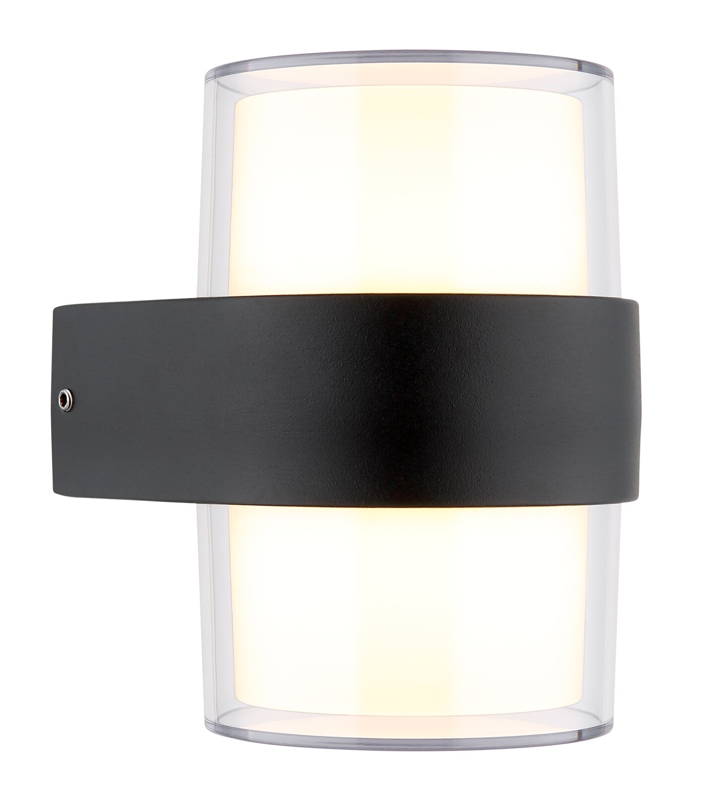 Moderne LED-Außenwandleuchte mit schwarzem Gehäuse und zylindrischem Design, seitliche Perspektive