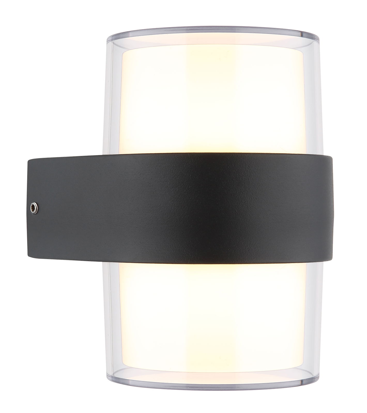 Moderne LED-Außenwandleuchte mit schwarzem Gehäuse und zylindrischem Design, seitliche Perspektive