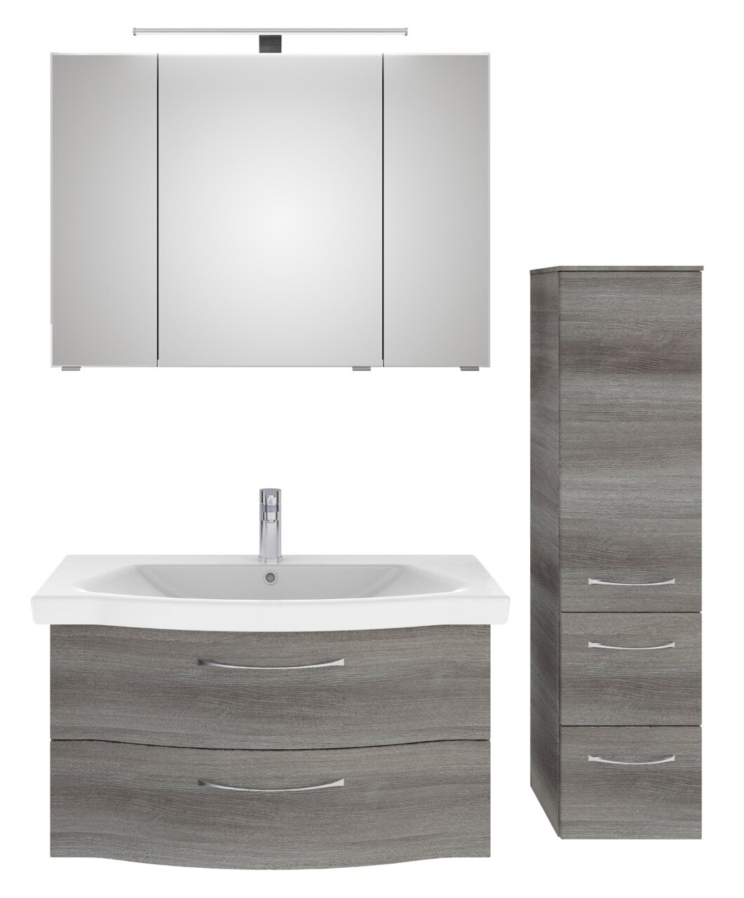 Badezimmermöbel-Set bestehend aus einem Spiegelschrank, einem Waschbeckenunterschrank und einem hohen Schrank in Holzoptik, Frontalansicht