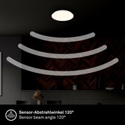 Runde LED-Deckenleuchte mit Sensor in einem modernen Raum, Perspektive von unten, Sensor-Abstrahlwinkel 120°