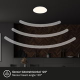 Runde LED-Deckenleuchte mit Sensor in einem modernen Raum, Perspektive von unten, Sensor-Abstrahlwinkel 120°