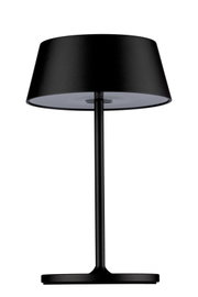 Schwarze Akku-Tischleuchte in Frontalansicht mit modernem, minimalistischem Design.