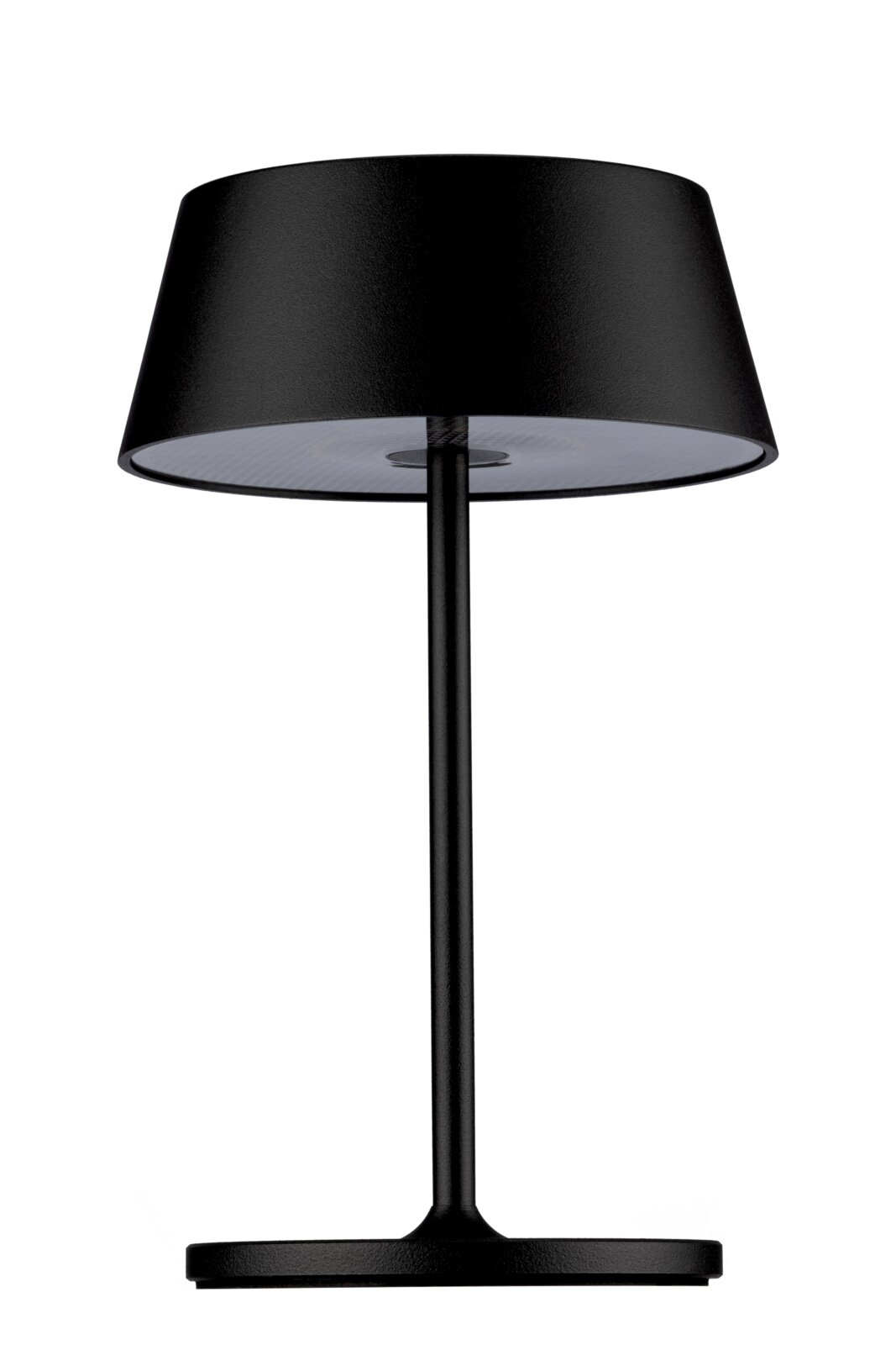 Schwarze Akku-Tischleuchte in Frontalansicht mit modernem, minimalistischem Design.