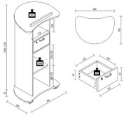Technische Zeichnung eines mobilen Beistellwagens mit geschwungener Ablagefläche, Schublade und zwei offenen Fächern auf Rollen, Maße ca. 560 x 400 x 1055–1150 mm; dargestellt in isometrischer Schrägansicht sowie Draufsicht und Detailansicht der Schublade