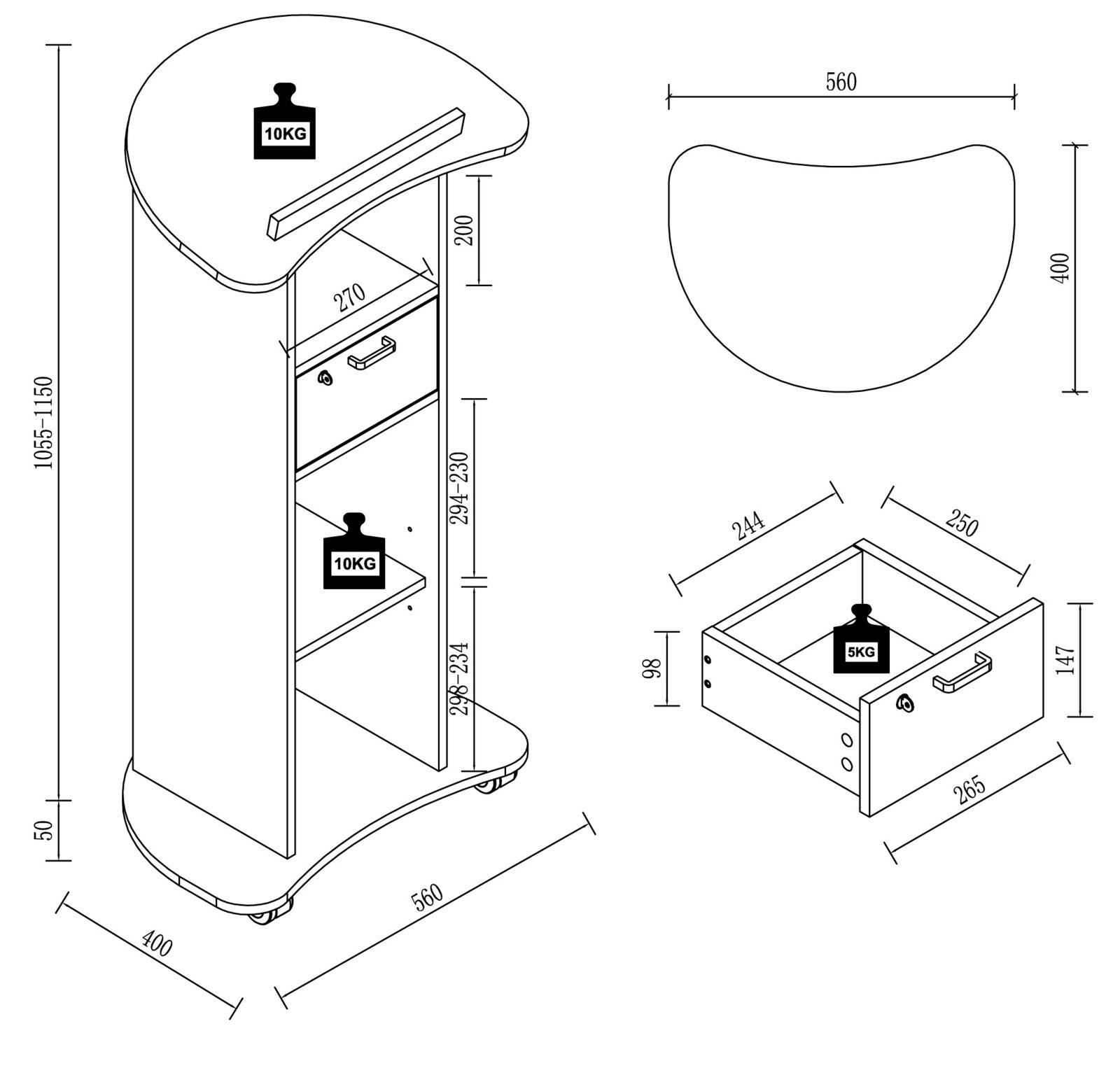 Technische Zeichnung eines mobilen Beistellwagens mit geschwungener Ablagefläche, Schublade und zwei offenen Fächern auf Rollen, Maße ca. 560 x 400 x 1055–1150 mm; dargestellt in isometrischer Schrägansicht sowie Draufsicht und Detailansicht der Schublade