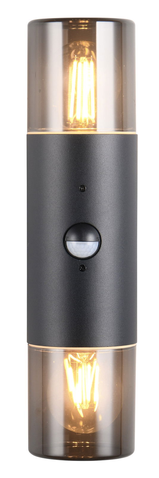 Moderne Wandleuchte HOOSIC mit zylindrischem Design, schwarzem Gehäuse und zwei sichtbaren Glühbirnen, frontal abgebildet.