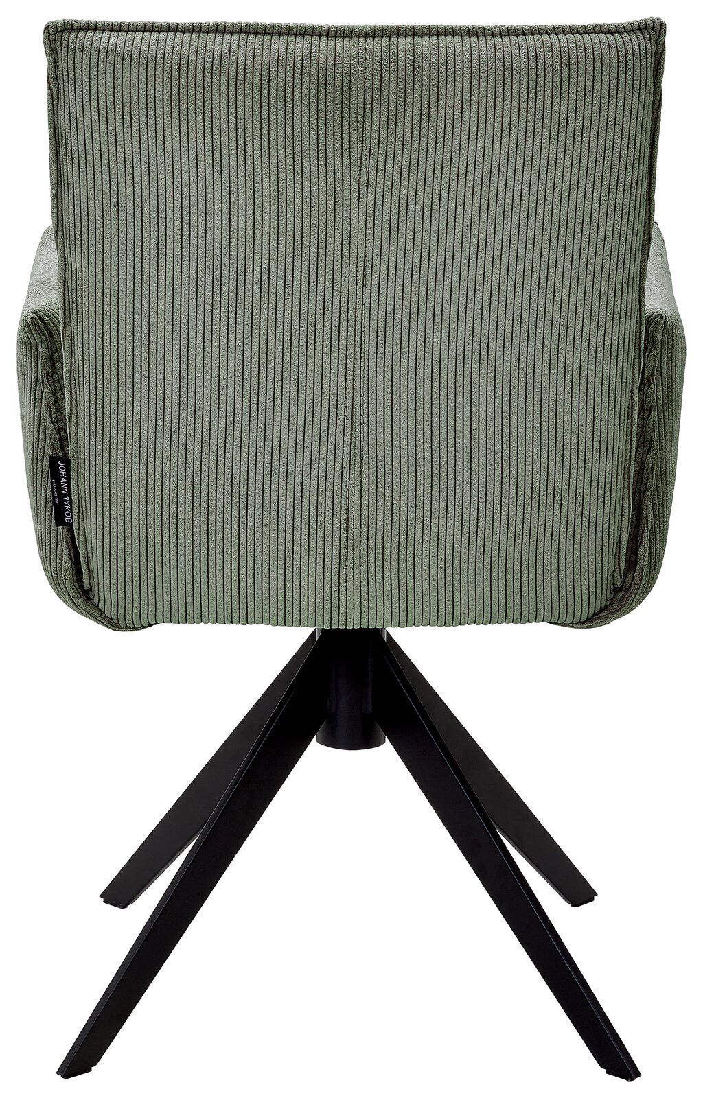 Johann Jakob Armlehnstuhl CALAS Rückansicht eines grünen Armlehnstuhls mit geripptem Stoffbezug und schwarzem Metallgestell.