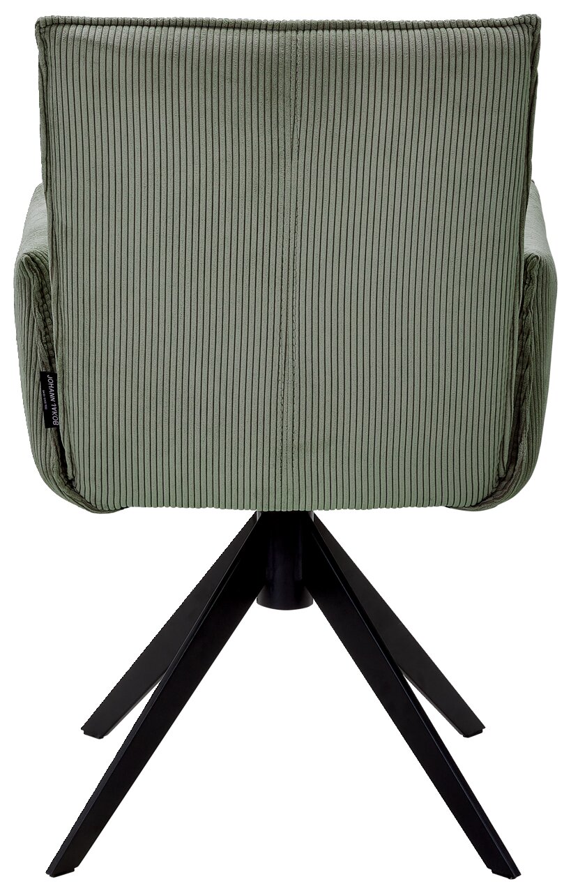 Johann Jakob Armlehnstuhl CALAS Rückansicht eines grünen Armlehnstuhls mit geripptem Stoffbezug und schwarzem Metallgestell.